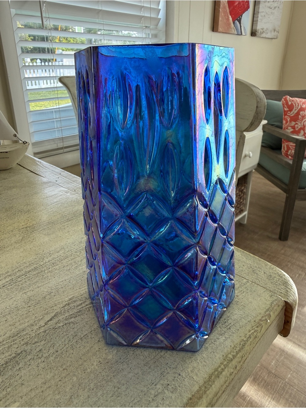 FTD Cobalt Blue Iridescent Carnival Style Hexagon Glass Flower Vase